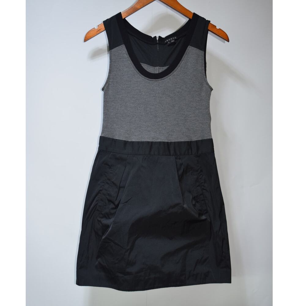 Theory Gray Black Sleeveless Dress Size 2 Mixed Media Fit Flare Career Dress